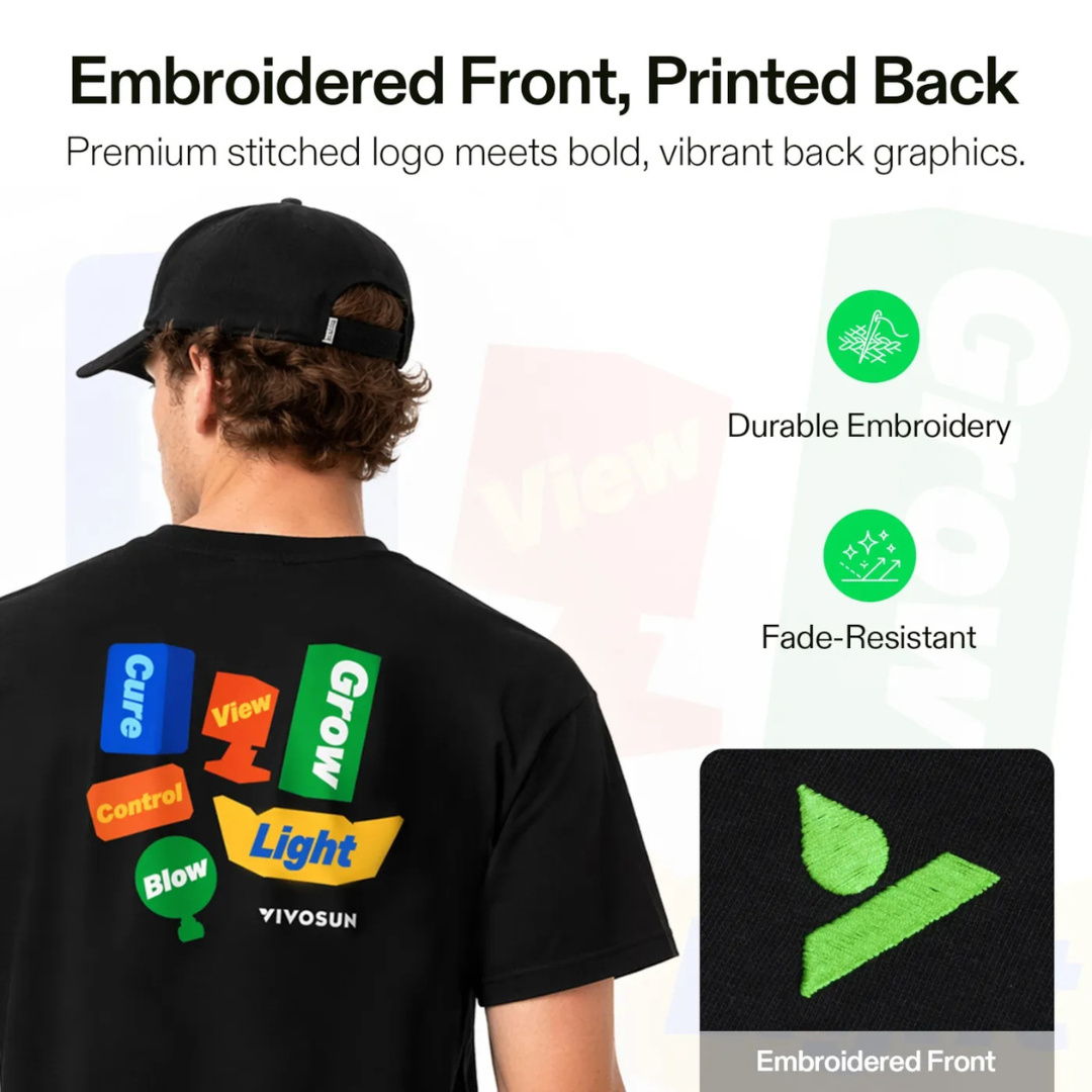 Vivosun 100% Cotton T-shirt, Black Crew Neck Tee with Front Logo & Plant-Inspired Back Graphic