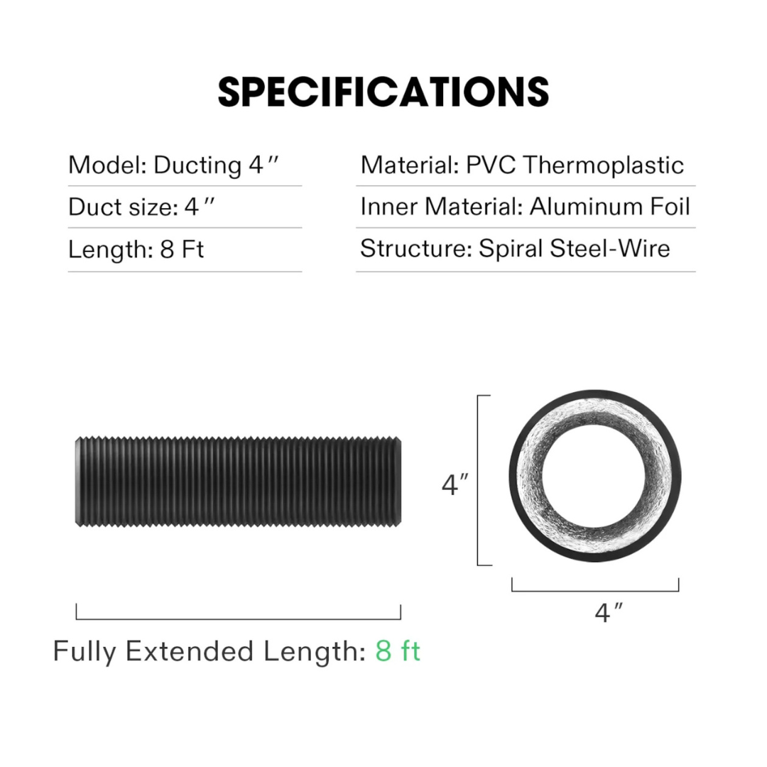 Vivosun Black Non-Insulated Flex Air Aluminum Ducting, w/Two Stainless Steel Clamps