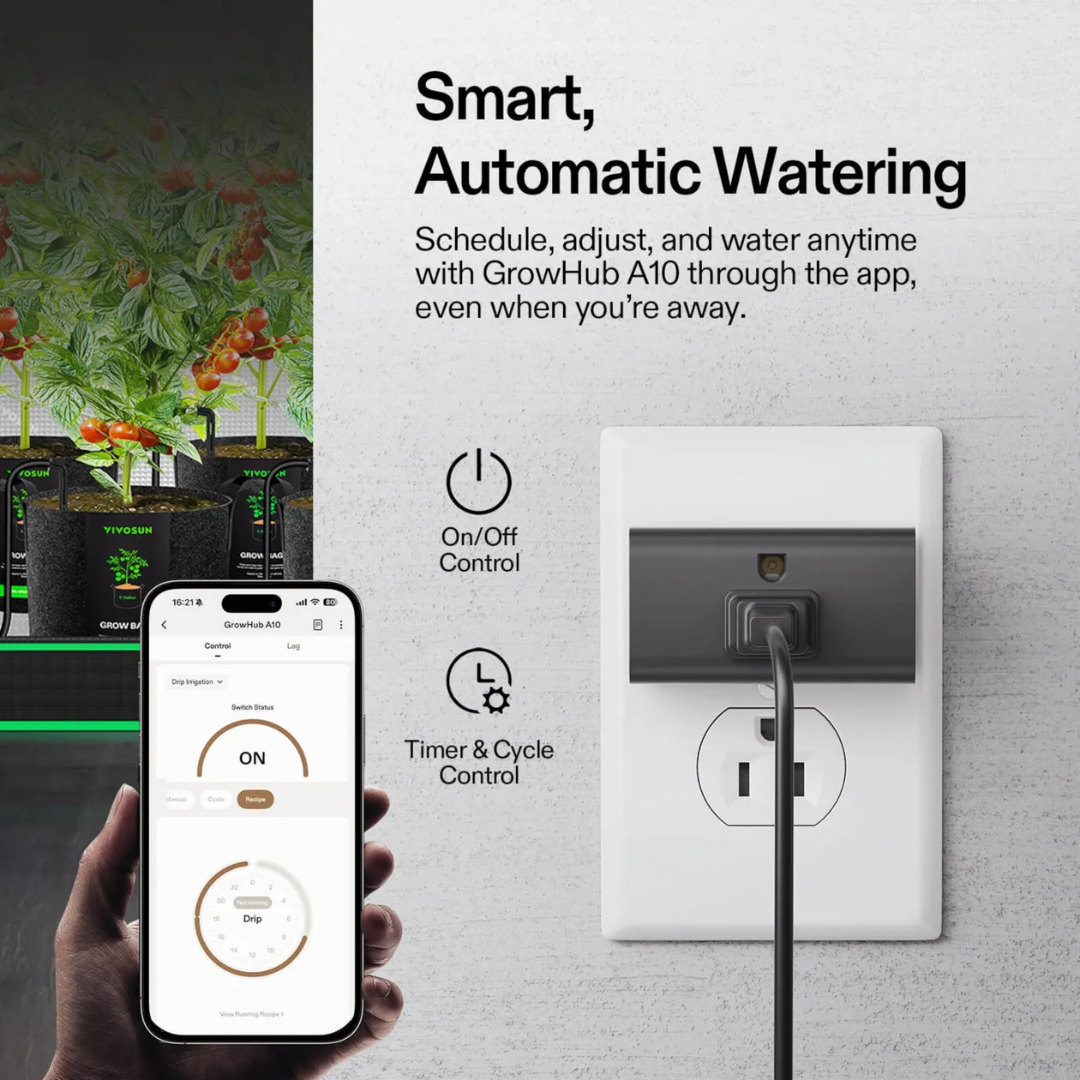 Vivosun FlexFeed Automatic Drip Irrigation Kit for Indoor & Outdoor Plants, Smart Watering System with 16 Drip Emitters, 4mm Fast Flow, App-Controlled A10 GrowHub, Quiet 15W Pump
