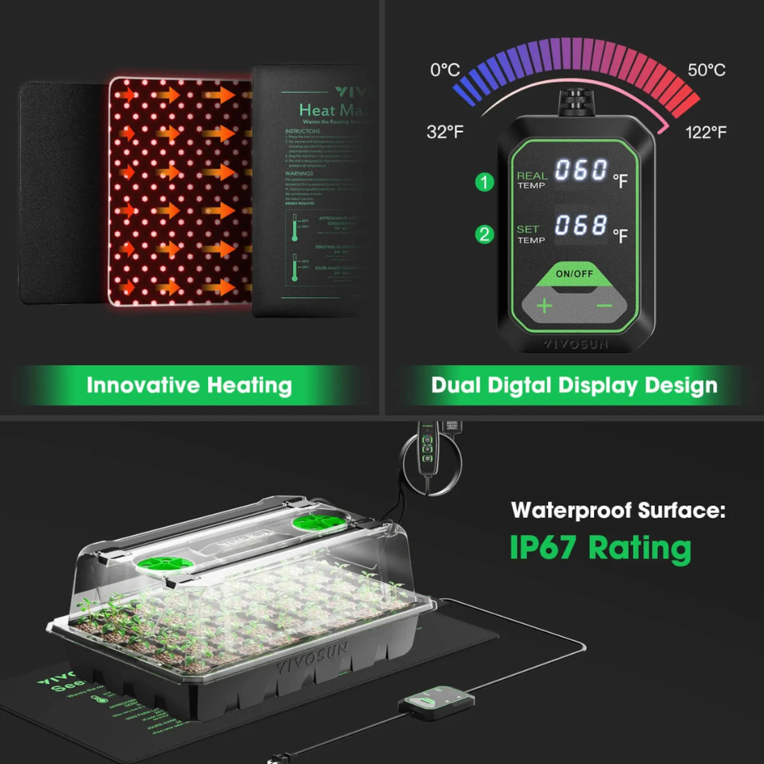 Vivosun 1-Pack 40-Cell Seed Starter Trays with 1 Set of LED Lights and 10"x20.75" Seedling Heat Mat
