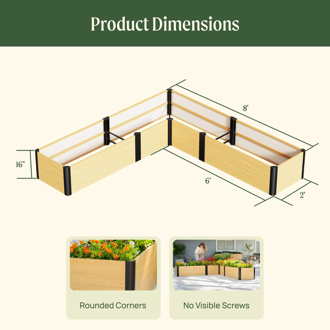 Vego 16" Tall Woodgrain 8' x 8' L-Shaped Metal Raised Garden Bed