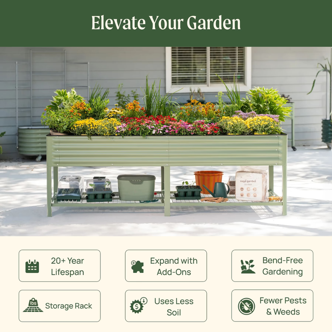Vego Elevated Garden Bed - Jumbo Series 3' x 8' Wheels Included