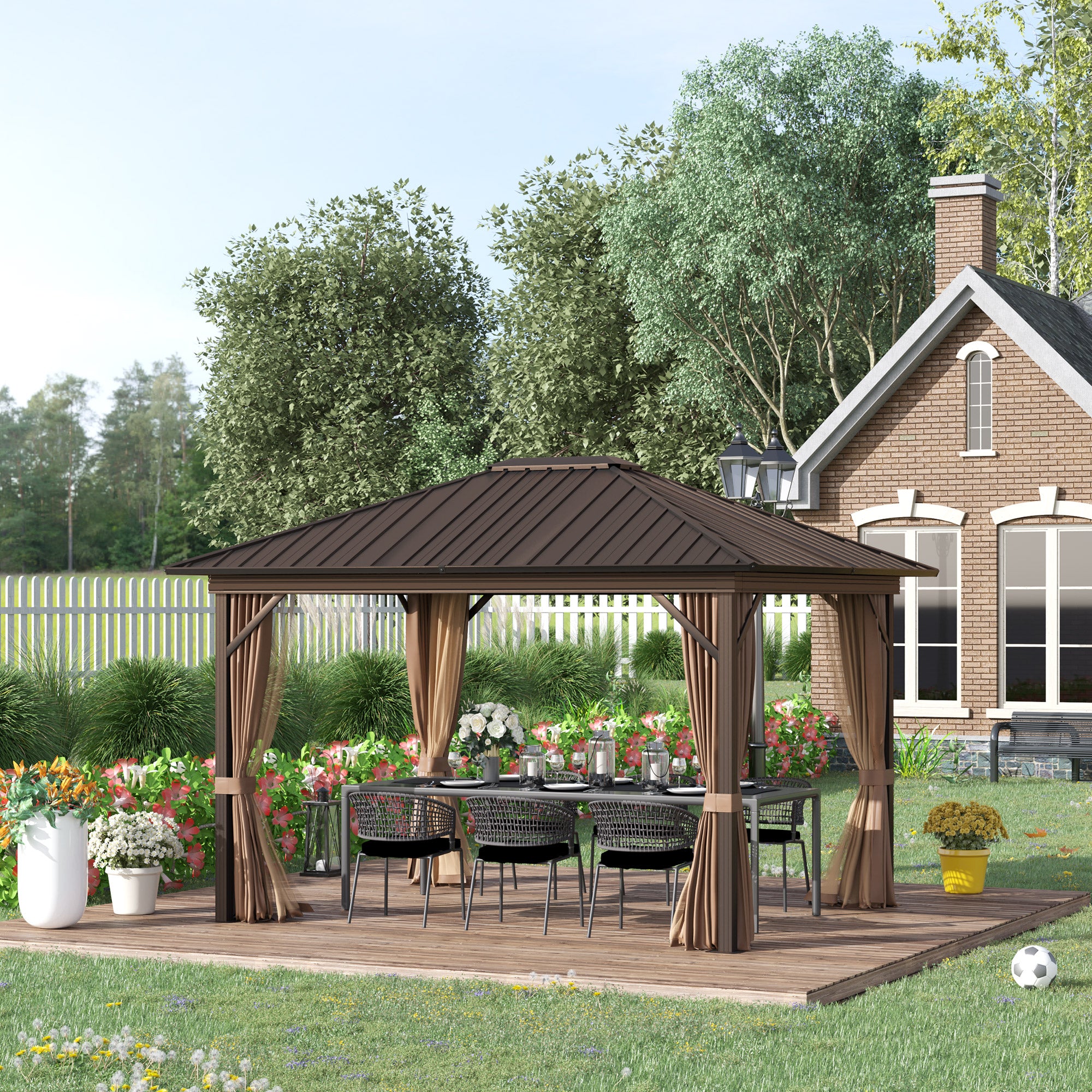 10' x 12' Hardtop Gazebo with Curtains and Netting, Permanent Pavilion Metal Single Roof Gazebo - View 2