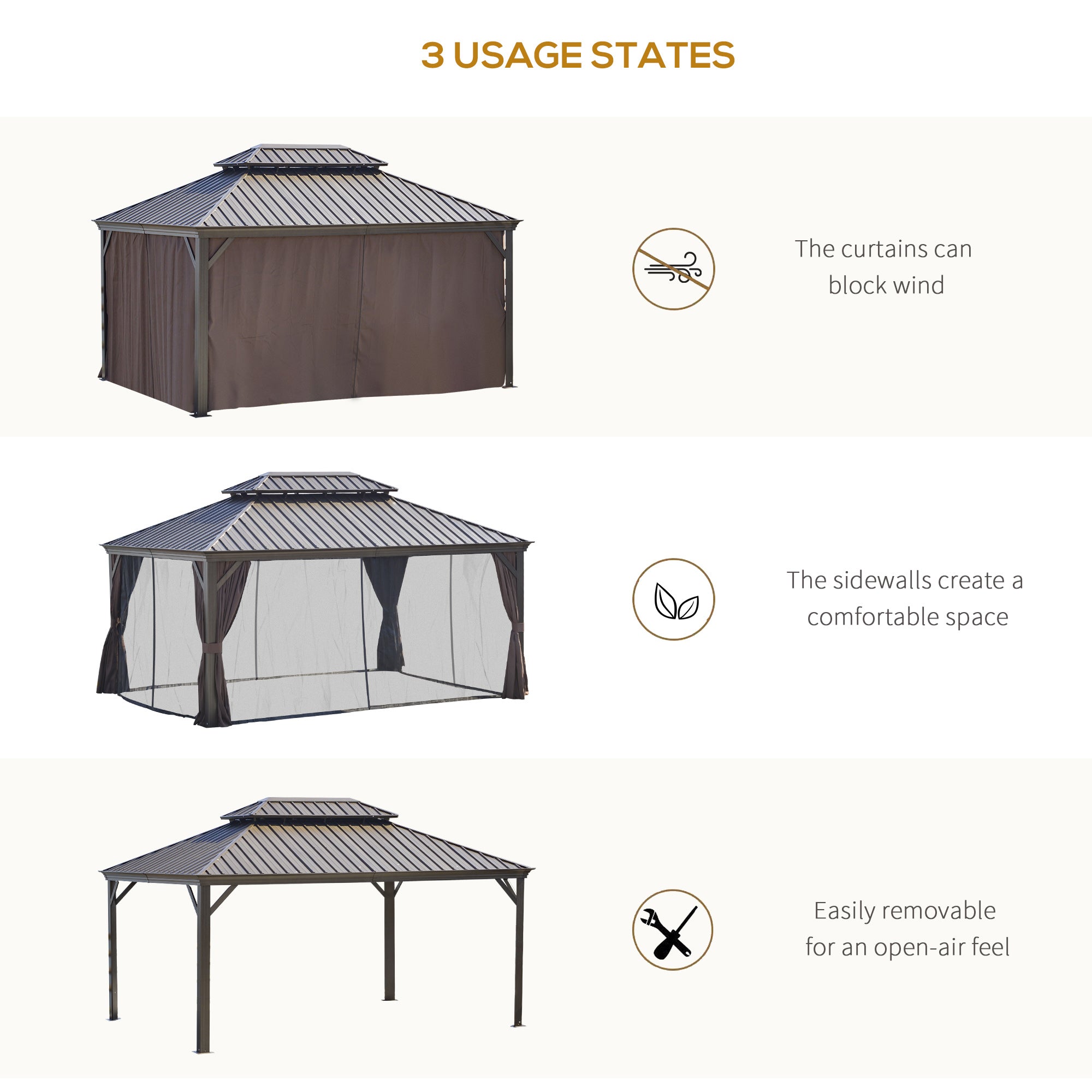 12' x 16' Hardtop Gazebo with Curtains and Netting, Permanent Pavilion Metal Double Roof Gazebo - View 8