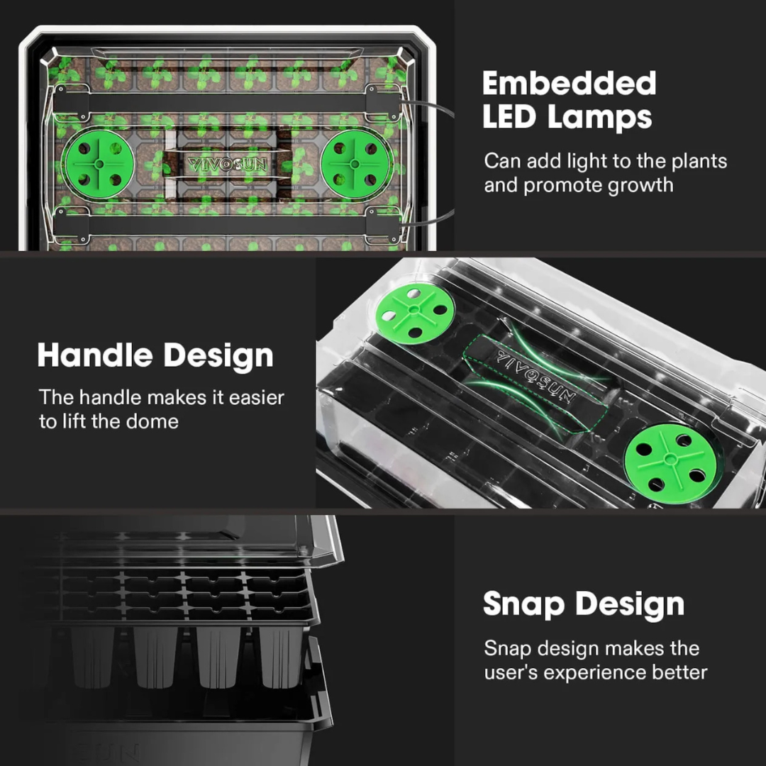 Vivosun 1-Pack 40-Cell Seed Starter Trays with 1 Set of LED Lights and 10"x20.75" Seedling Heat Mat