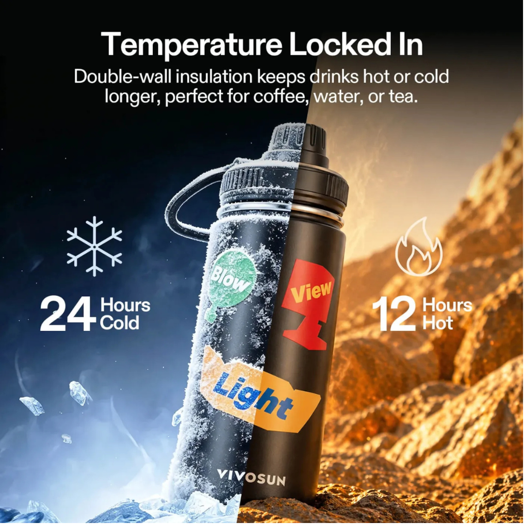 Vivosun 18oz Insulated Stainless Steel Water Bottle, Food-Grade & Leak-Proof, Portable for Home Office Sports Travel