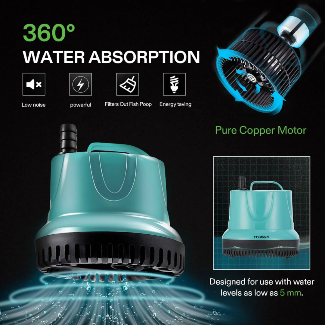 Vivosun Submersible Pump for Fish Tank, Pond, Aquarium, Hydroponic Systems with 5ft Power Cord and 4 Nozzles
