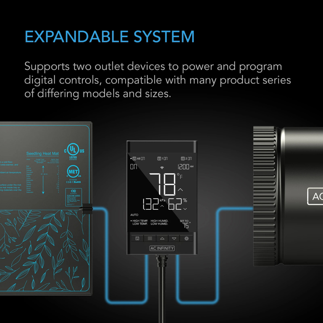 AC Infinity CONTROLLER 79, Climate Controller 2-Outlet, Wall-Hang with Temp Humidity VPD Sensor
