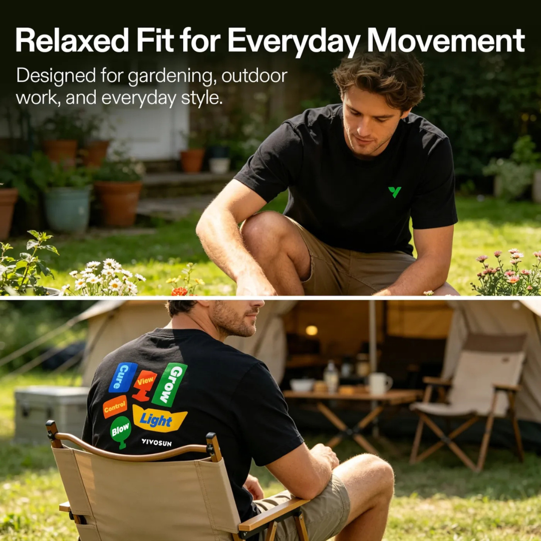 Vivosun 100% Cotton T-shirt, Black Crew Neck Tee with Front Logo & Plant-Inspired Back Graphic