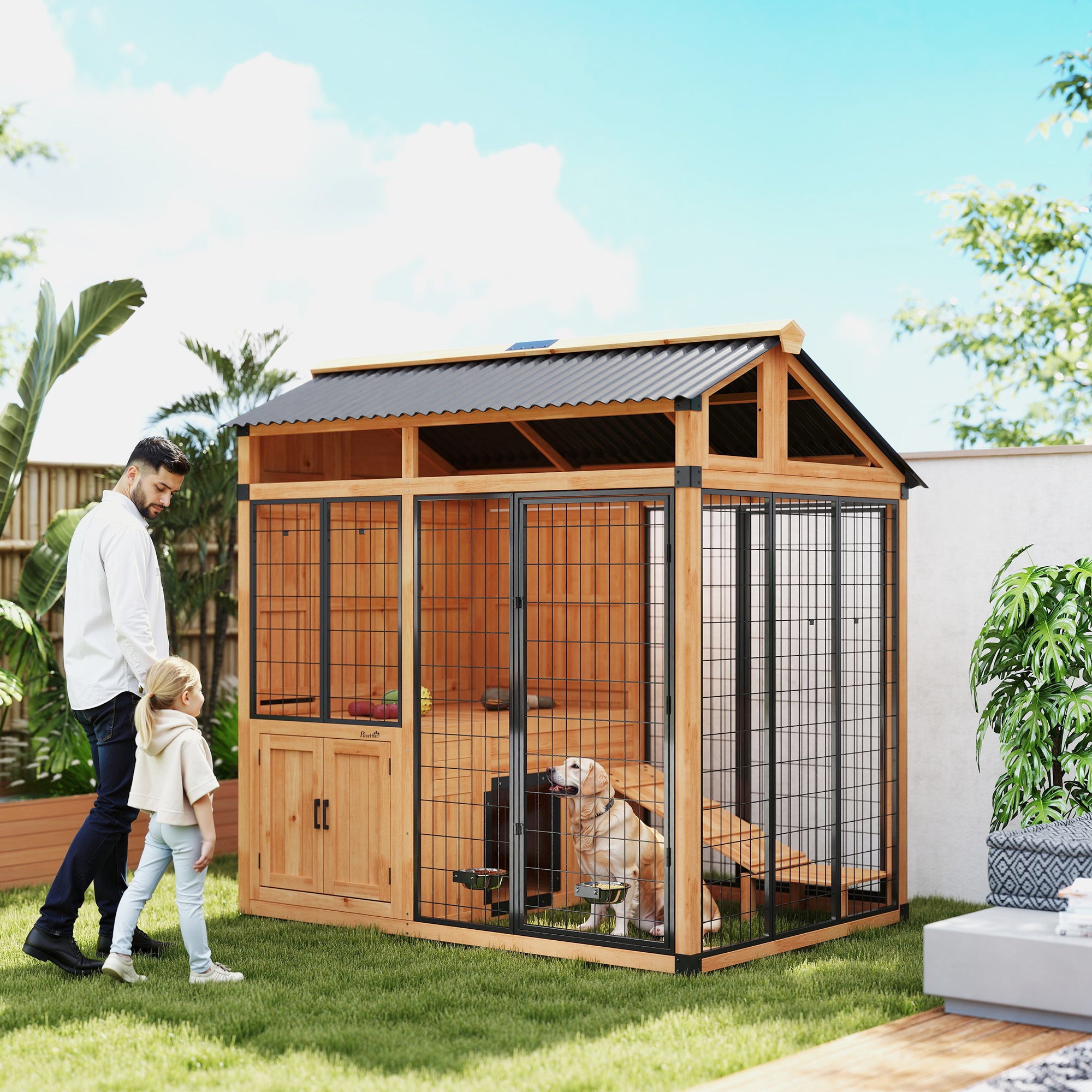 7' x 5' Extra Large Dog House, Wood Outdoor Dog Kennel with Platform, Storage Cabinet for Large - View 2