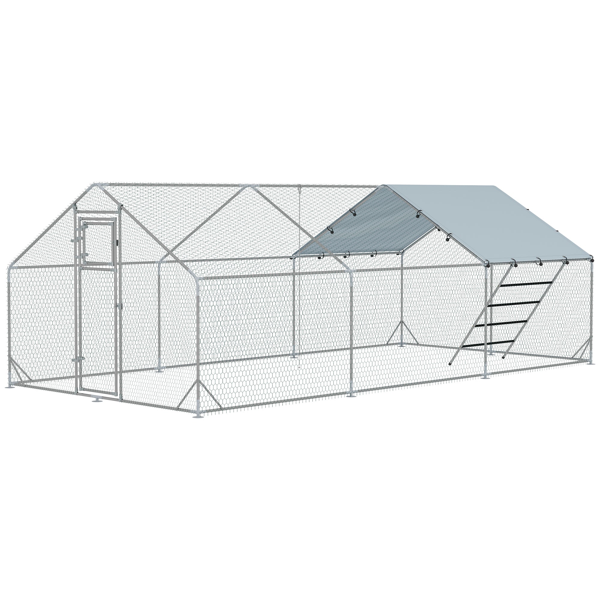 Metal Chicken Run w/ Waterproof & Anti-UV Cover, Feeding Door, Hanging Feeder, for 18-24 Chickens,