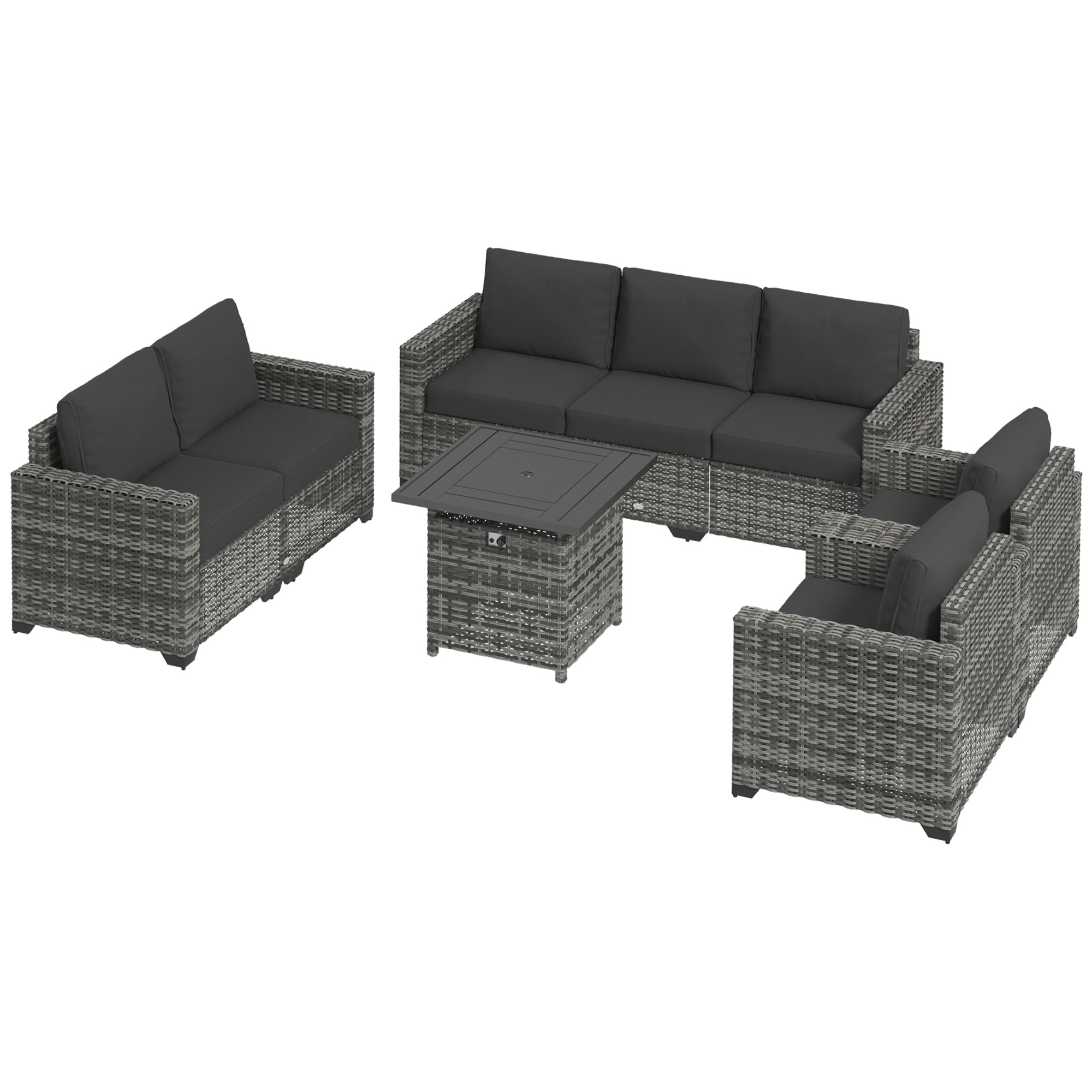 Patio Furniture Set, Cushions, Sofa, Loveseat, Fire Pit Table, Gray