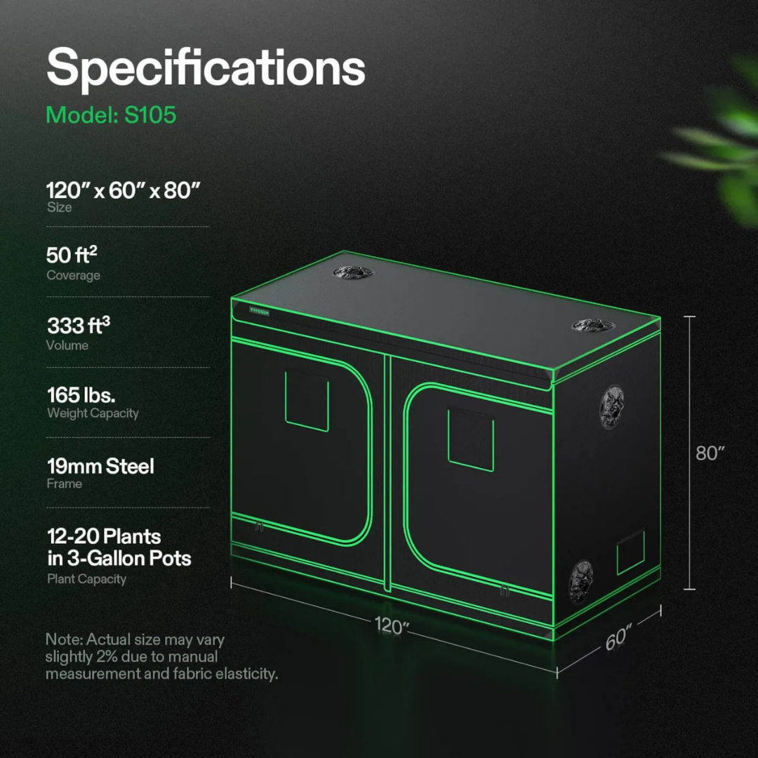 Vivosun Grow Tent 5x10 S105, 12-20 Plants Use, 600D Light-proof Oxford, 60″ x 120″ x 80″, For Indoor Plants Growing