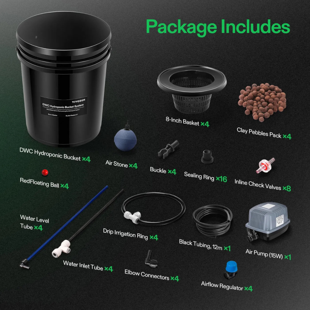 Vivosun 5 Gallon DWC Hydroponic System Kit (4 Bucket, Black)