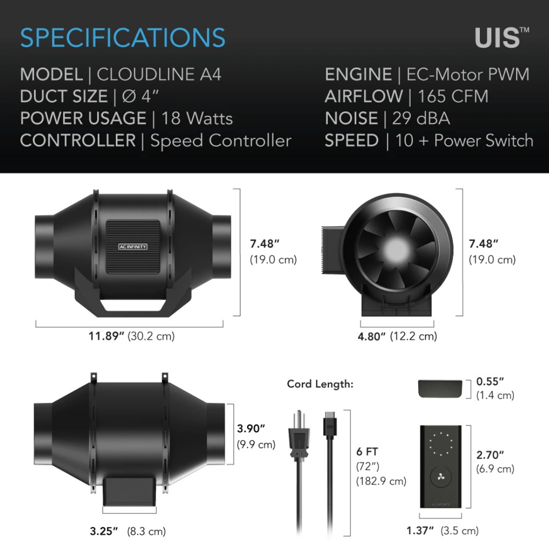 AC Infinity CLOUDLINE A4, Quiet Inline Fan 4" with Speed Controller