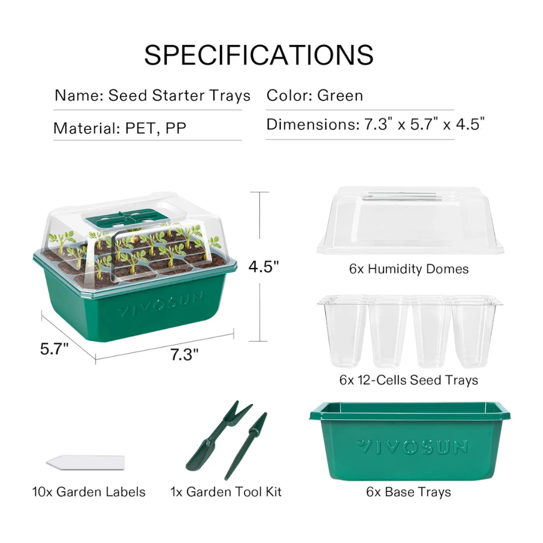 Vivosun 6-Pack Seed Starter Trays, 72-Cell Seed Starter Kit with Humidity Dome