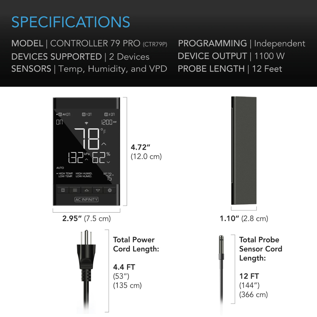 AC Infinity CONTROLLER 79, Climate Controller 2-Outlet, Wall-Hang with Temp Humidity VPD Sensor
