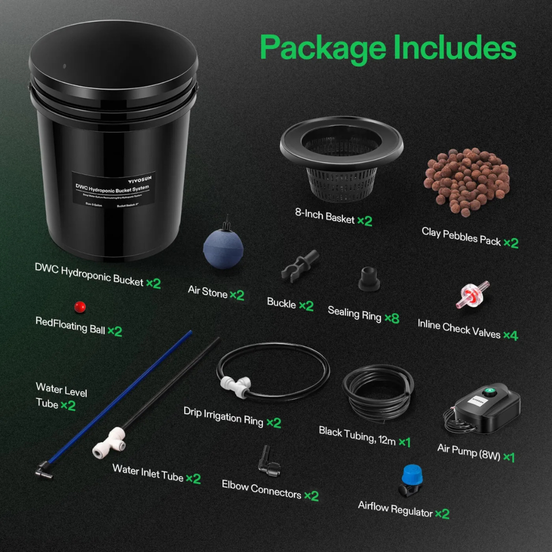 Vivosun 5 Gallon DWC Hydroponic System Kit (2 Bucket, Black)