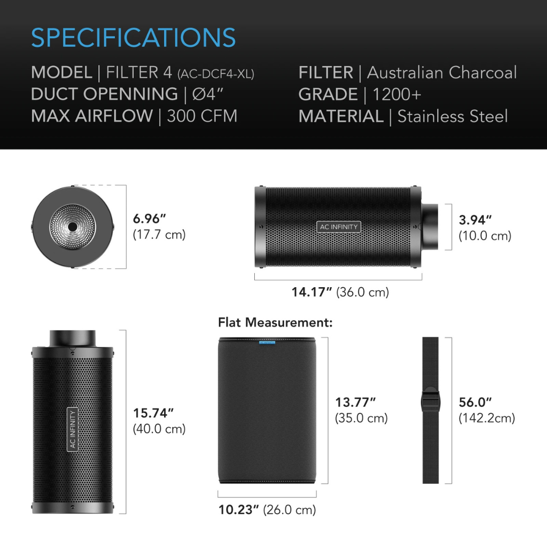 AC Infinity Duct Carbon Filter 4" Extra Long with Australian Charcoal