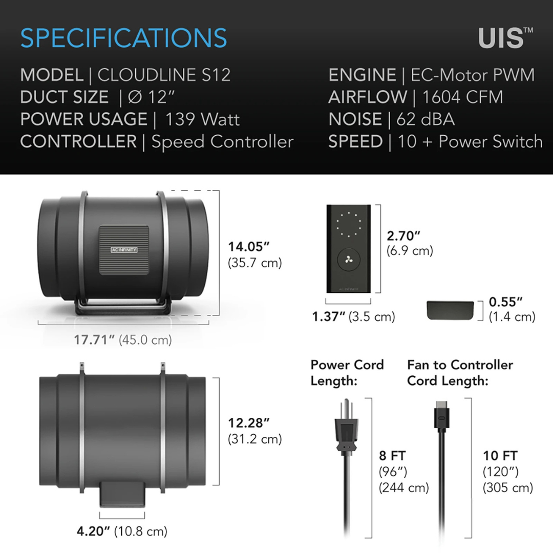AC Infinity CLOUDLINE S12, Quiet Inline Fan 12" with Speed Controller