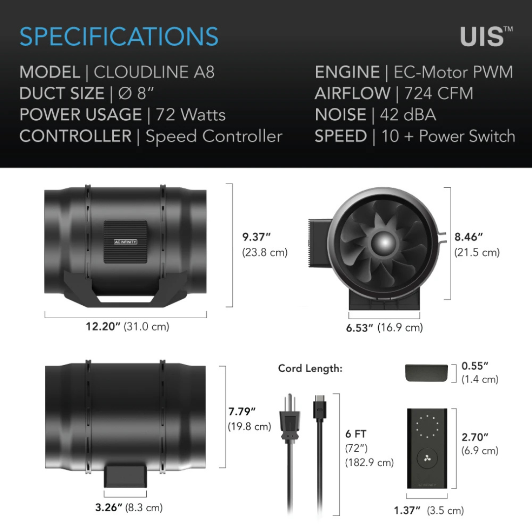 AC Infinity CLOUDLINE A8, Quiet Inline Fan 8" with Speed Controller