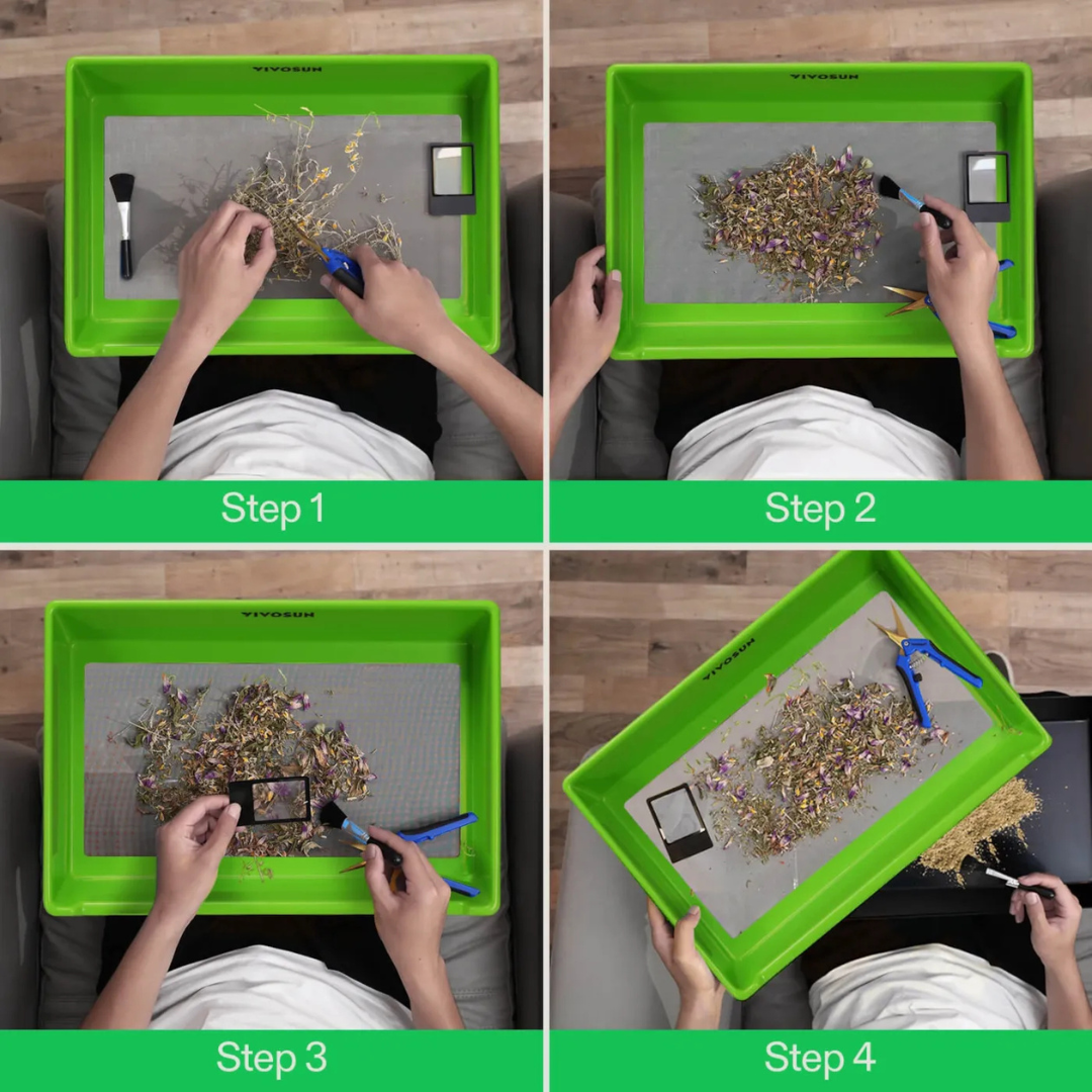 Vivosun 2-in-1 Trimming Tray, 4.1" Deep , with 150 Micron Mesh Sifter, Bottom Harvest Bin, Brush and Magnifying Card, Green