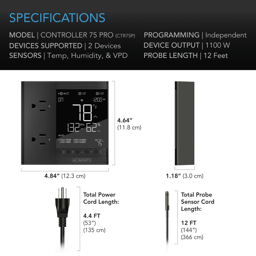 AC Infinity CONTROLLER 75, Climate Controller 2-Outlet, Desktop with Temp Humidity VPD Sensor