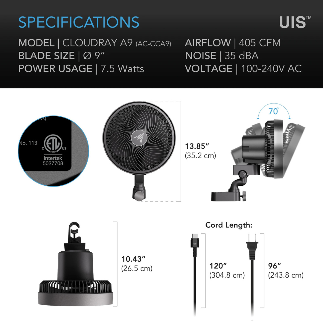 AC Infinity CLOUDRAY A9, Grow Tent Clip Fan 9" with 10 Speeds and Dynamic Wind, Manual