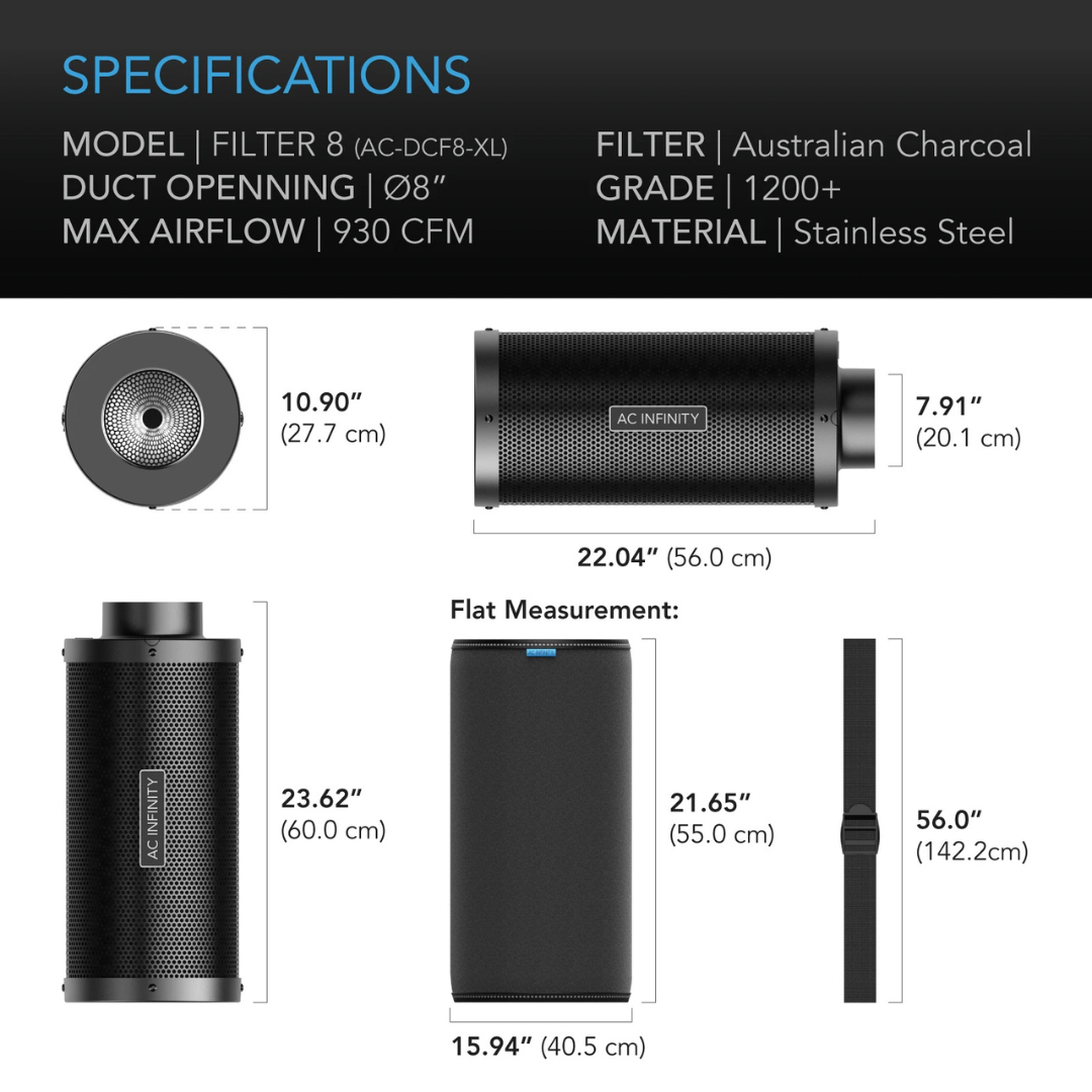 AC Infinity Duct Carbon Filter 8" Extra Long with Australian Charcoal