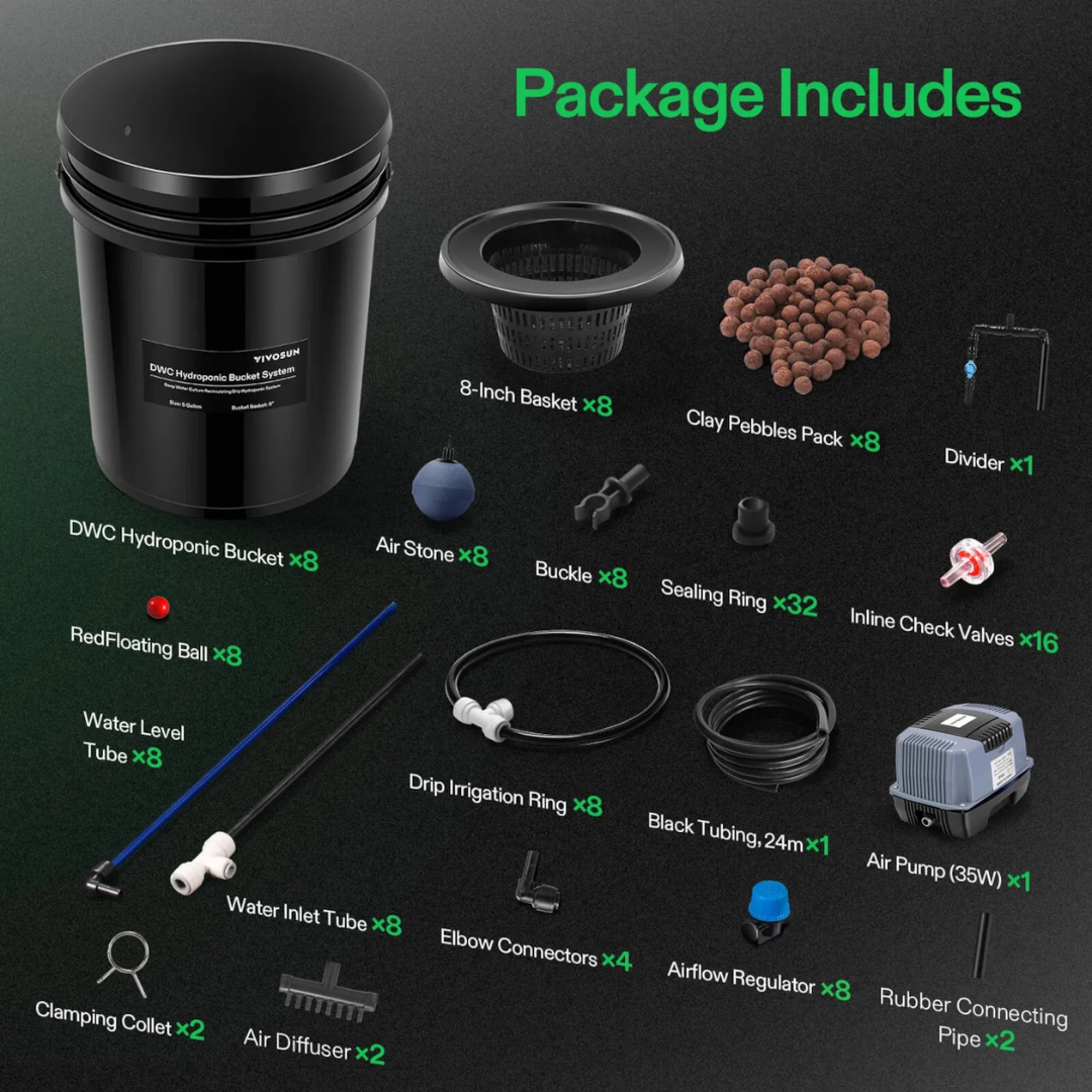 Vivosun 5 Gallon DWC Hydroponic System Kit (8 Bucket, Black)