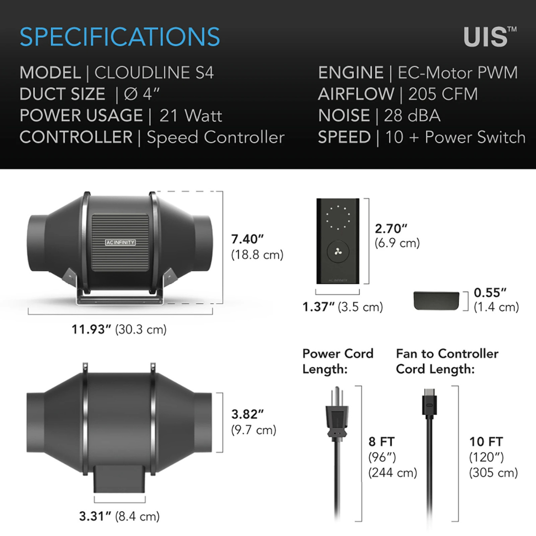 AC Infinity CLOUDLINE S4, Quiet Inline Fan 4" with Speed Controller