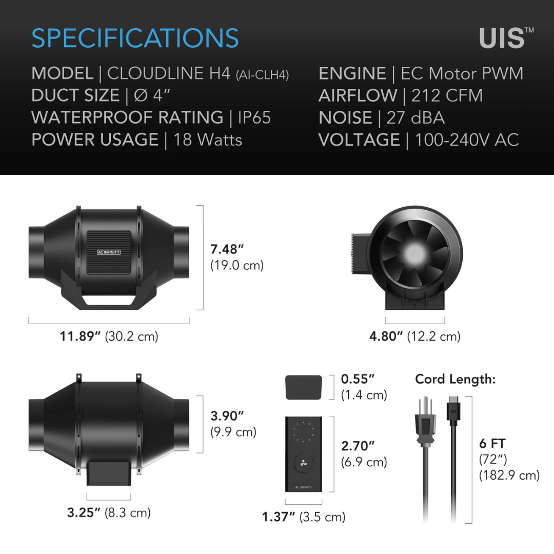 AC Infinity CLOUDLINE H4, Humidity-Proof Inline Fan 4" with Speed Controller