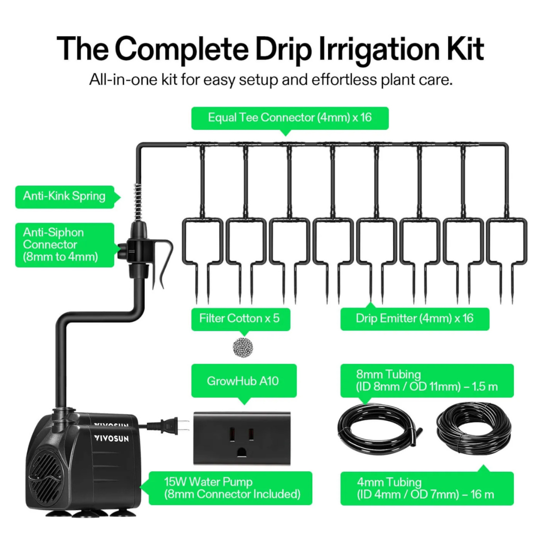 Vivosun FlexFeed Automatic Drip Irrigation Kit for Indoor & Outdoor Plants, Smart Watering System with 16 Drip Emitters, 4mm Fast Flow, App-Controlled A10 GrowHub, Quiet 15W Pump