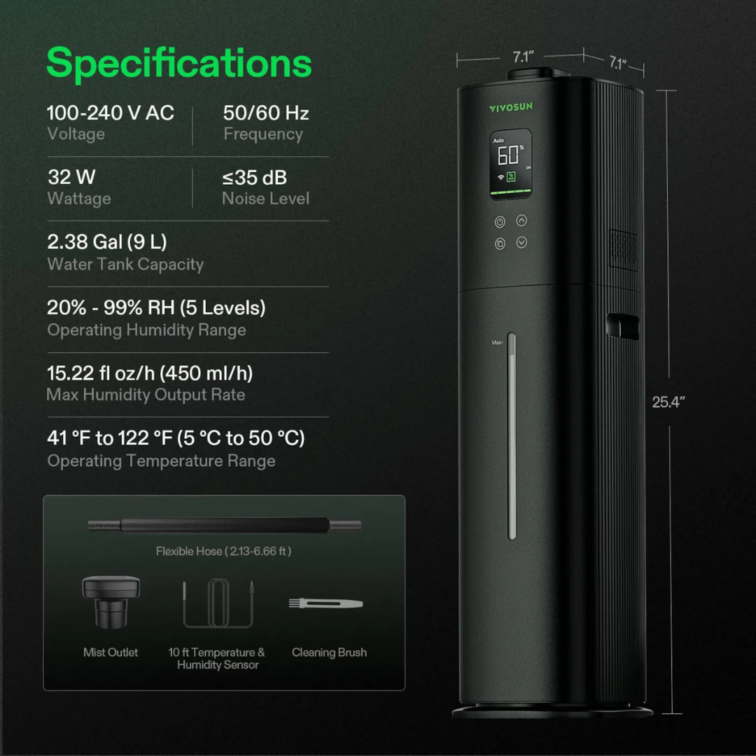 Vivosun AeroStream H09 Intelligent Wi-Fi Humidifier, 2.38 Gal / 9 L Humidifier with Temp & Humidity Probe, Smart Remote Control, Designed for Growers