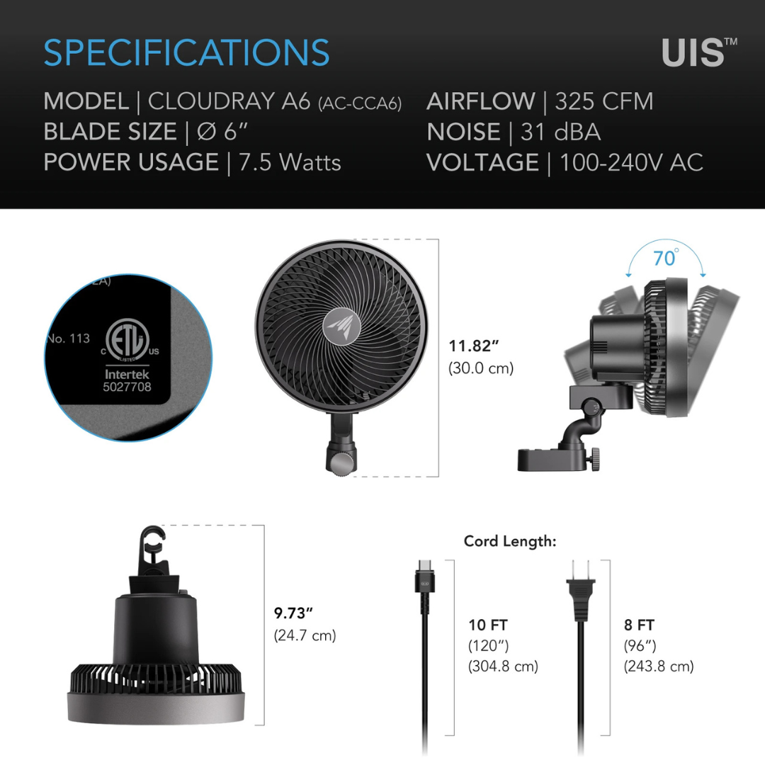 AC Infinity CLOUDRAY A6, Grow Tent Clip Fan 6" with 10 Speeds and Dynamic Wind, Manual