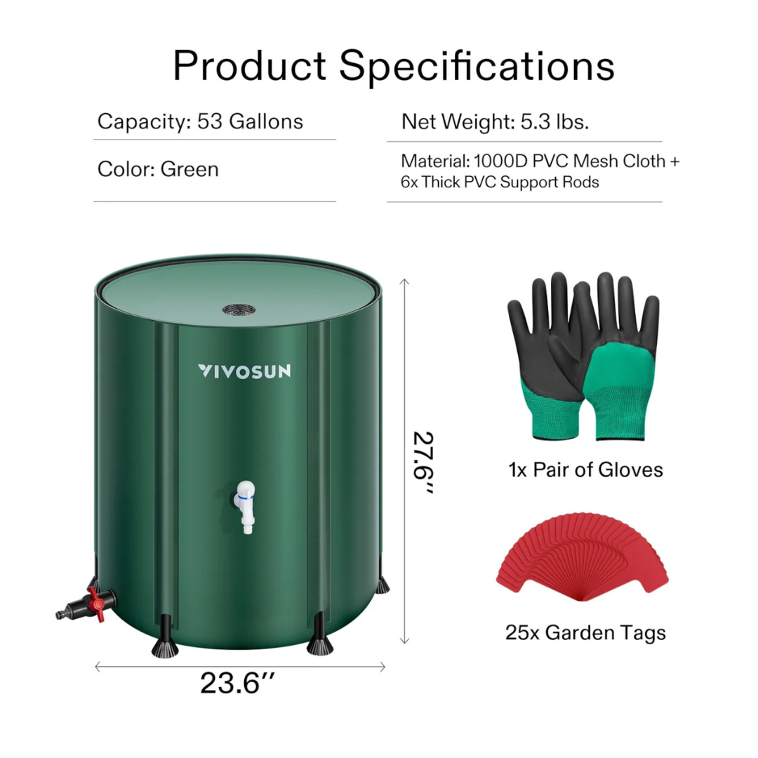 Vivosun Collapsible Rain Barrel, 53 Gallon, Green