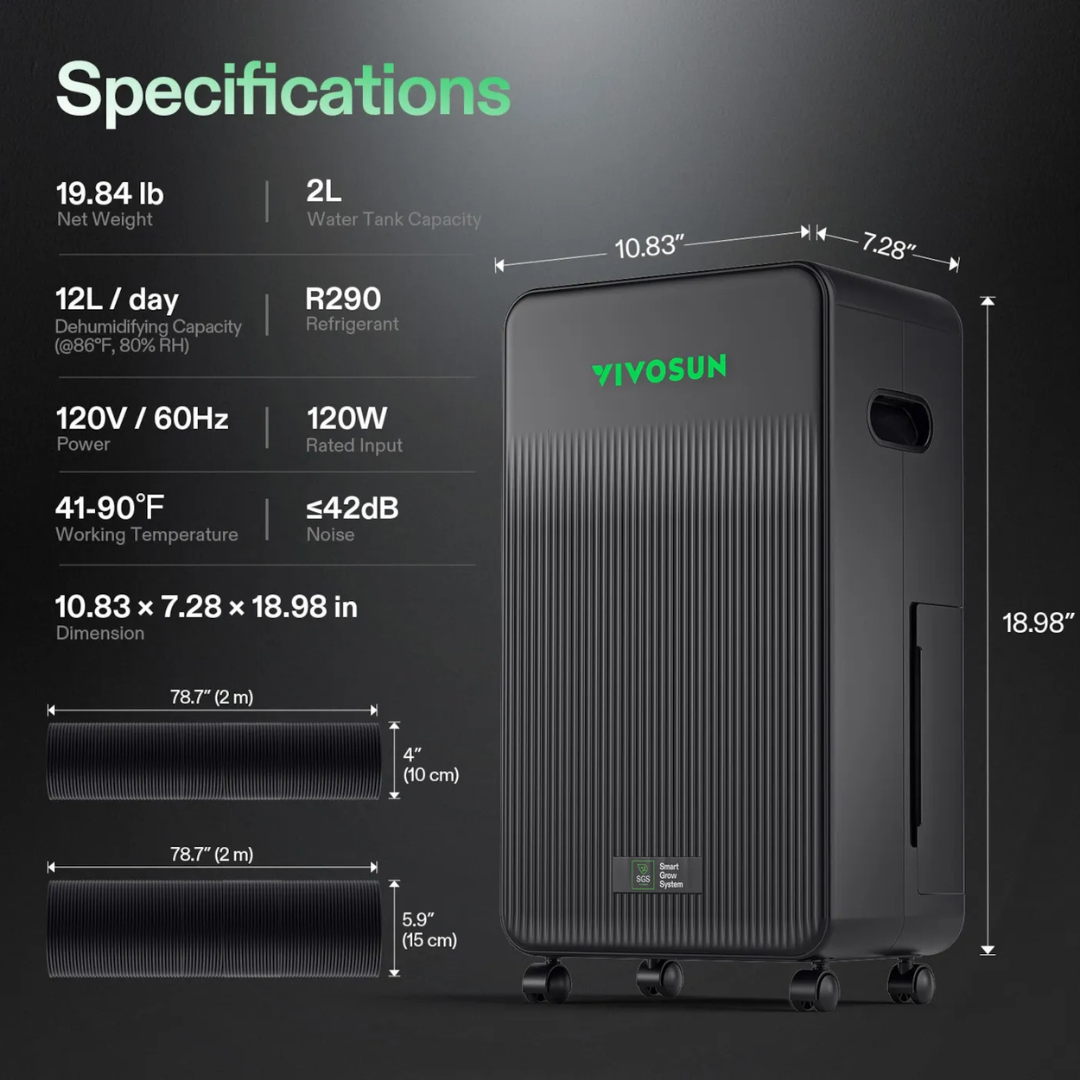 Vivosun AeroDrain D12 Intelligent Environmental Dehumidifier, up to 12L/day, 2L Water Tank, with Temperature & Humidity Sensor Probe