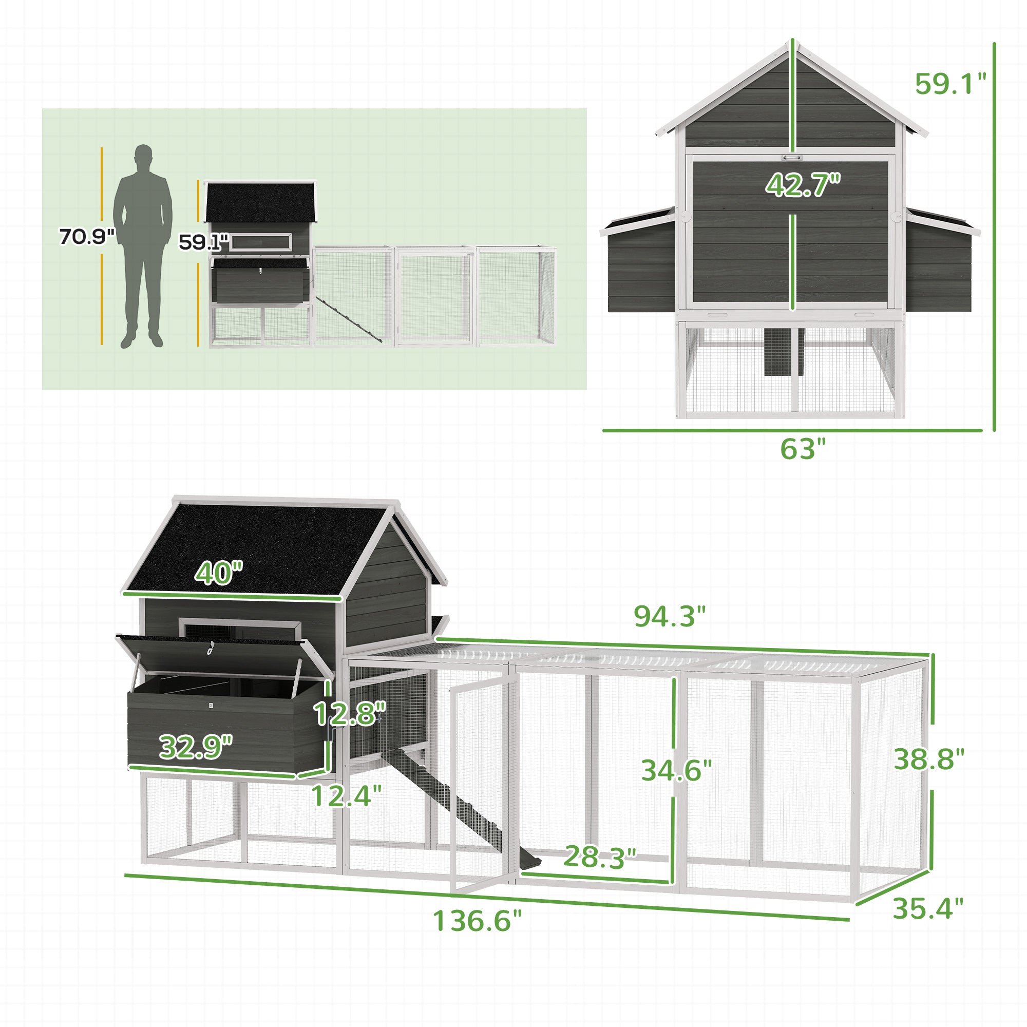137" Wooden Chicken Coop for 8-10 Chickens, Backyard, Dark Gray - View 2