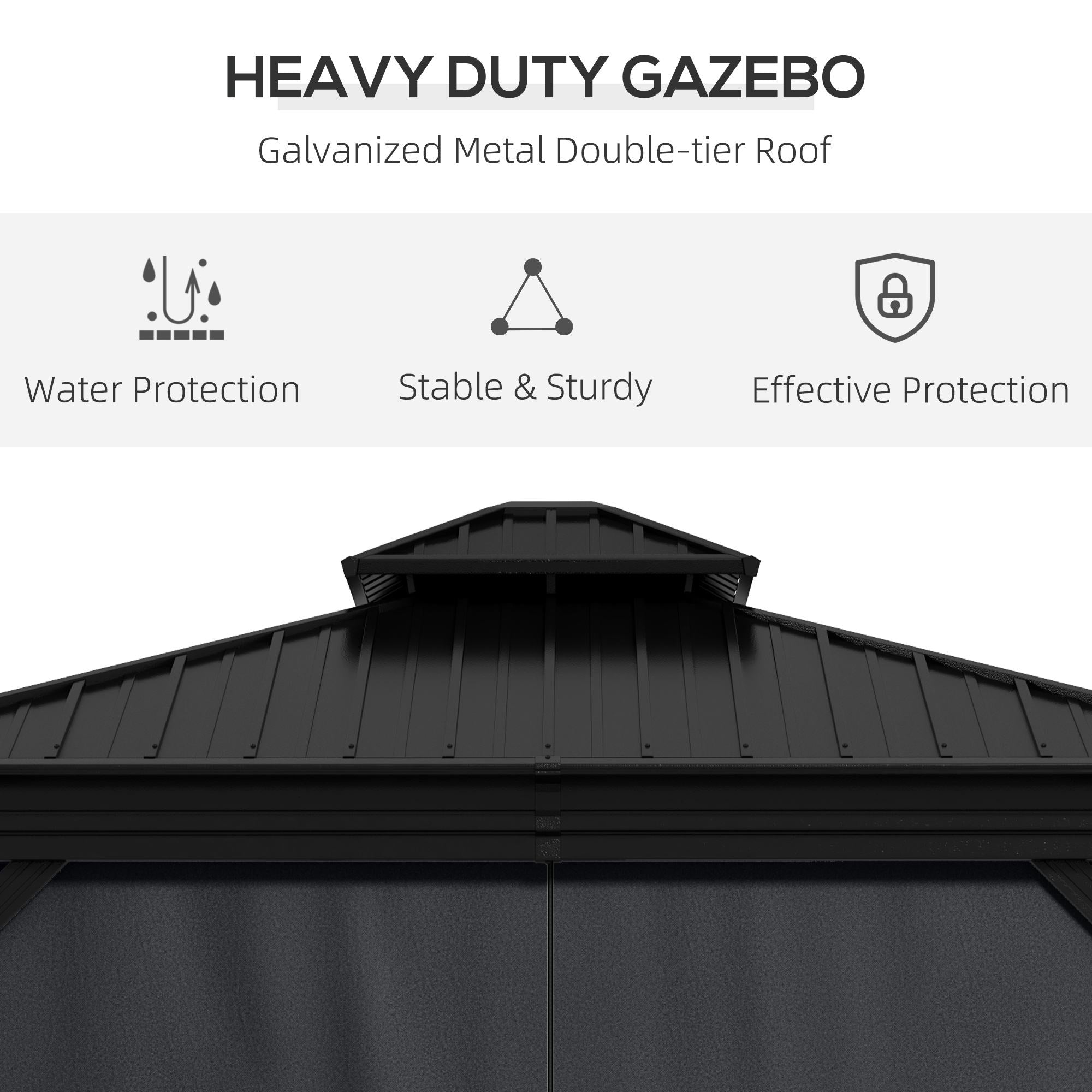 10' x 12' Hardtop Gazebo Permanent Pavilion w/ Double Roof Aluminum Frame Sidewalls for Patio - View 4