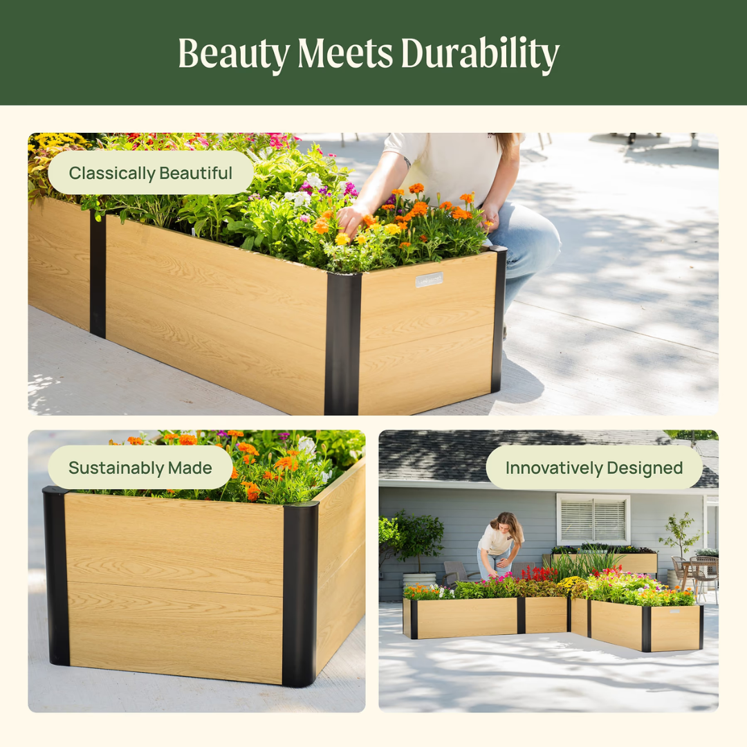 Vego 16" Tall Woodgrain 8' x 8' L-Shaped Metal Raised Garden Bed
