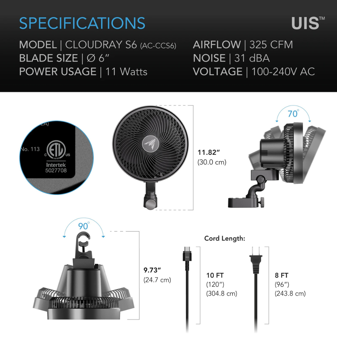 AC Infinity CLOUDRAY S6, Grow Tent Clip Fan 6" with 10 Speeds and Dynamic Wind