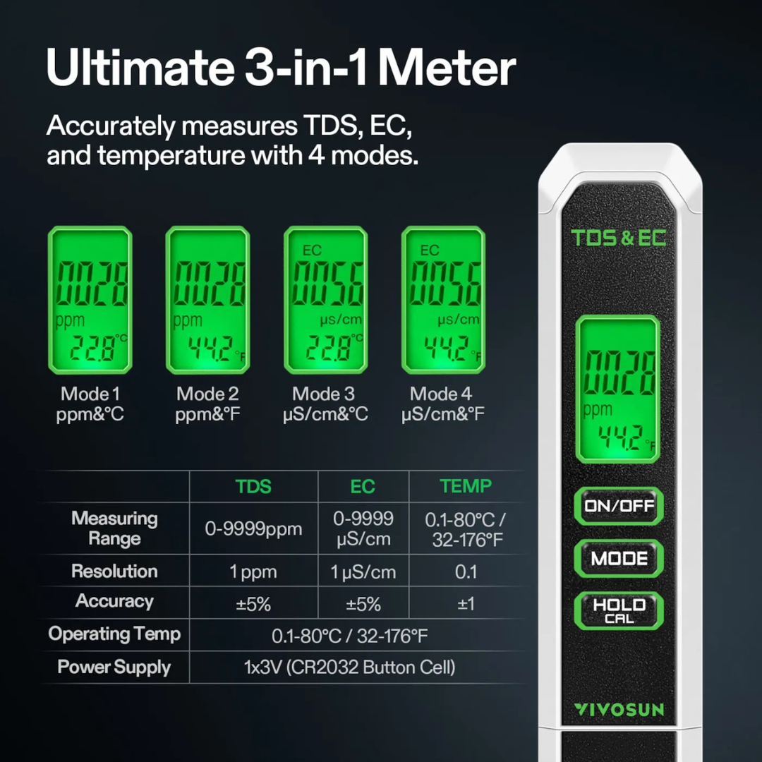 Vivosun 3 in 1 TDS, EC & Temperature Meter, for Drinking Water, Aquarium, Hydroponics, RO/DI System, Swimming Pool