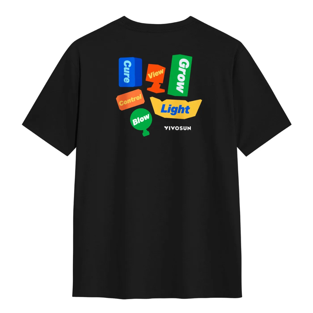 Vivosun 100% Cotton T-shirt, Black Crew Neck Tee with Front Logo & Plant-Inspired Back Graphic