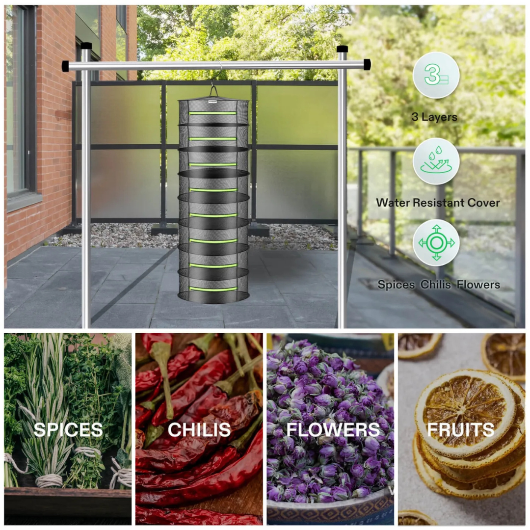 Vivosun 8-Layer Mesh Drying Rack Hanging Design with Green Zippers