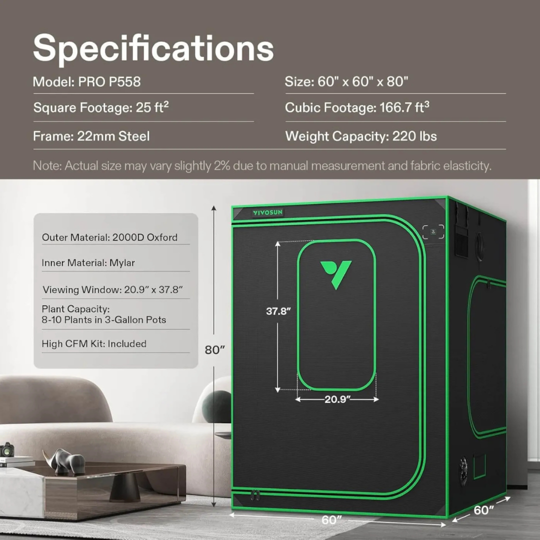 Vivosun Grow Tent Pro 5x5 P558, 6-10 Plants Use, Large Front Window, 60″ x 60″ x 80″, For Indoor Plants Growing