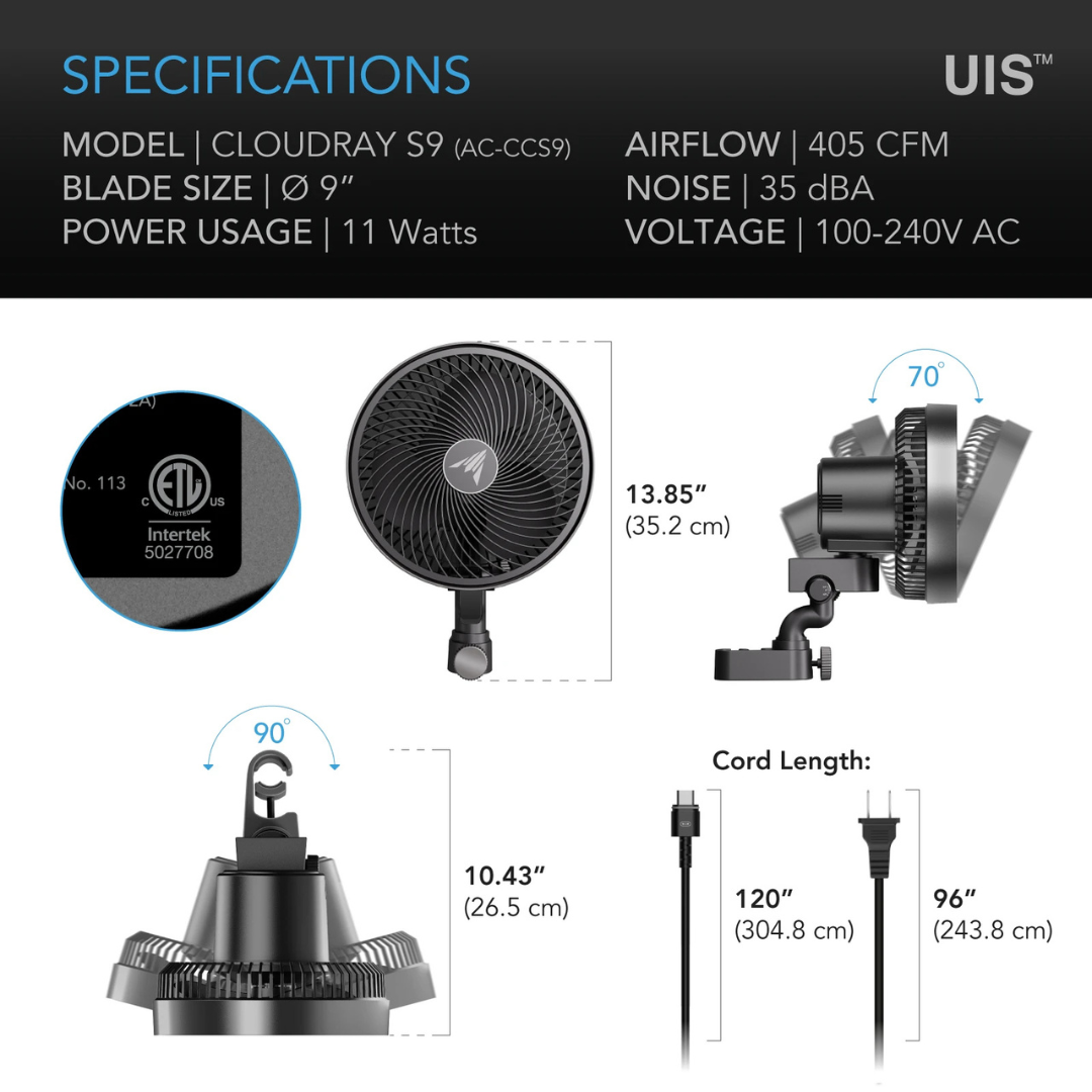 AC Infinity CLOUDRAY S9, Grow Tent Clip Fan 9" with 10 Speeds and Dynamic Wind