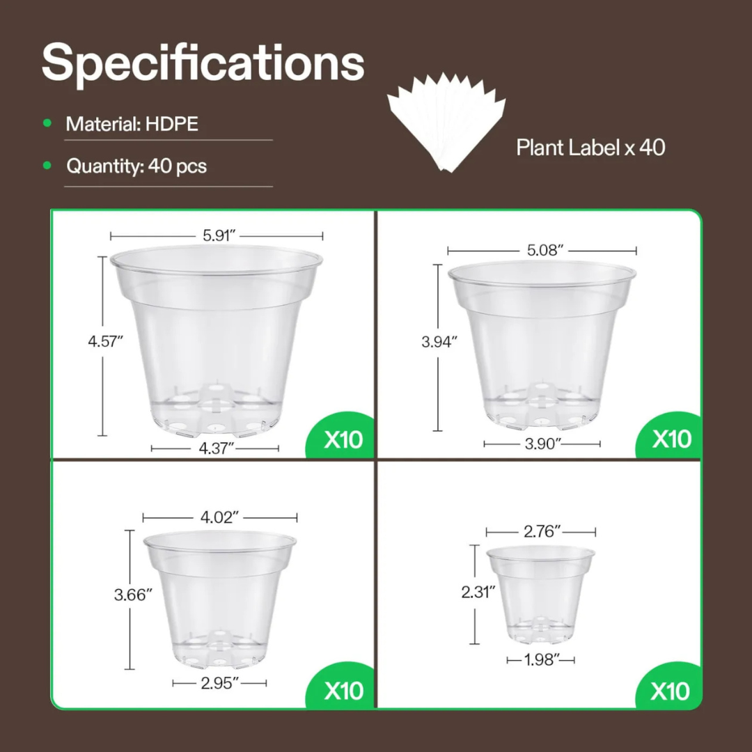 Vivosun 40 Packs 3/4/5/6 Inch Clear Nursery Pots with Drainage Holes