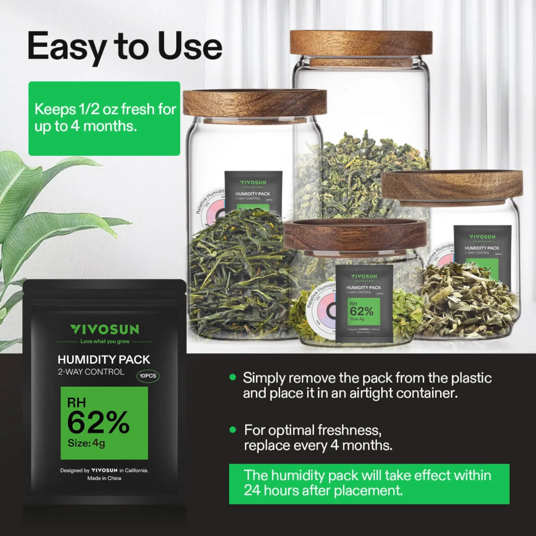Vivosun 62% RH Two-Way Humidity Control Packs, 10 Packs, Each for Storing 1 oz, Moisture Balancer with RH Indicator Card for Food & Herb Storage