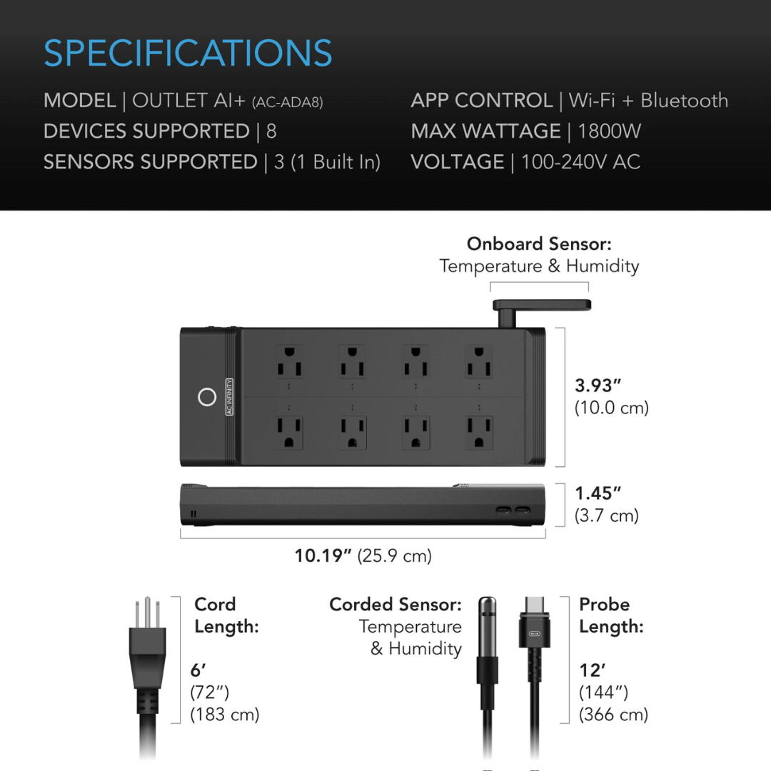 AC Infinity OUTLET AI+, Environment Controller 8-Outlet, with Temp Humidity VPD Sensor