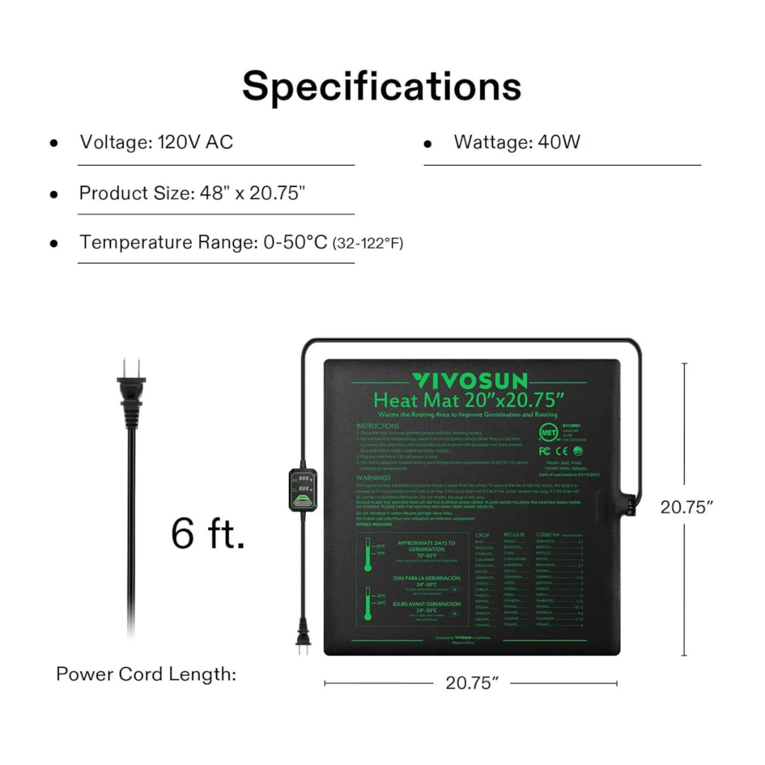 Vivosun Seedling Heat Mat with Dual Digital Display Thermostat, 20" x 20.75" Black Warm Hydroponic Heating Pad for Seed Germination